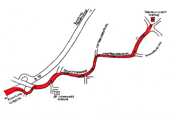 Anfahrtsskizze zur PopcOhr Probe im Gemeindehaus der Dreifaltigkeitskirche