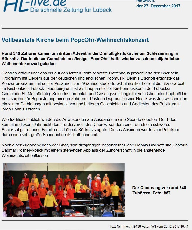 Bericht zum Weihnachtskonzert 2017 aus HL-live vom 20.12.2017