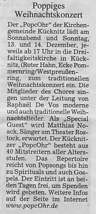 Einladung zum Weihnachtskonzert in den Lübecker Nachrichten vom 10.12.2008