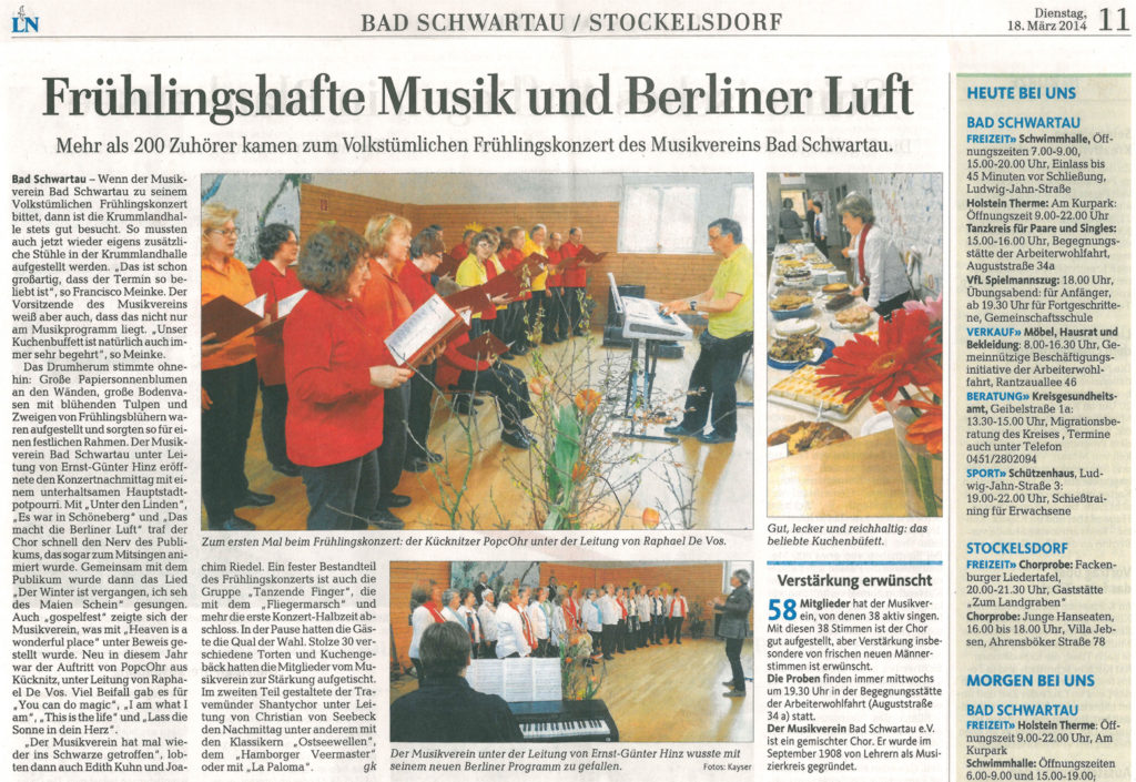 Bericht in den Lübecker Nachrichten am 18.03.2014 zum volkstümlichen Frühjahrskonzert in Bad Schwartau mit dem PopcOhr