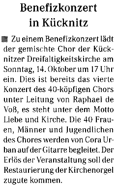 Einladung zum Benefizkonzert aus der Lübecker Stadtzeitung vom 09.10.2001