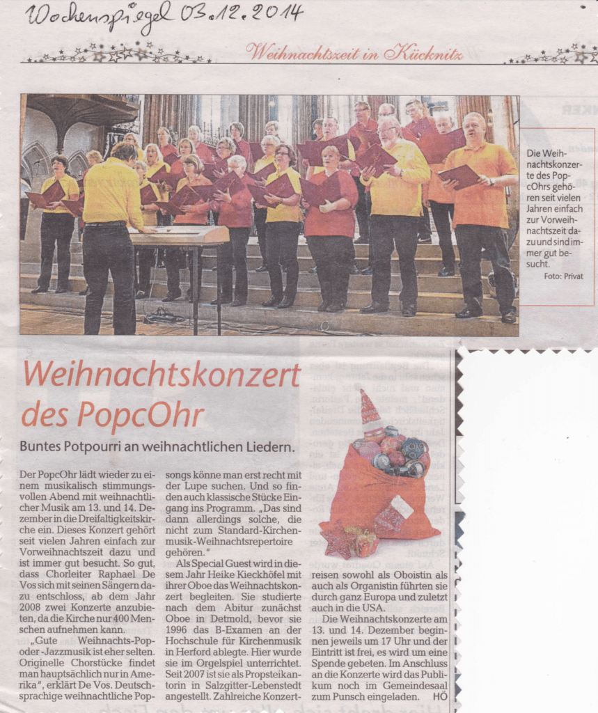 Einladung zum Weihnachtskonzert 2014 im Wochenspiegel vom 03.12.2014