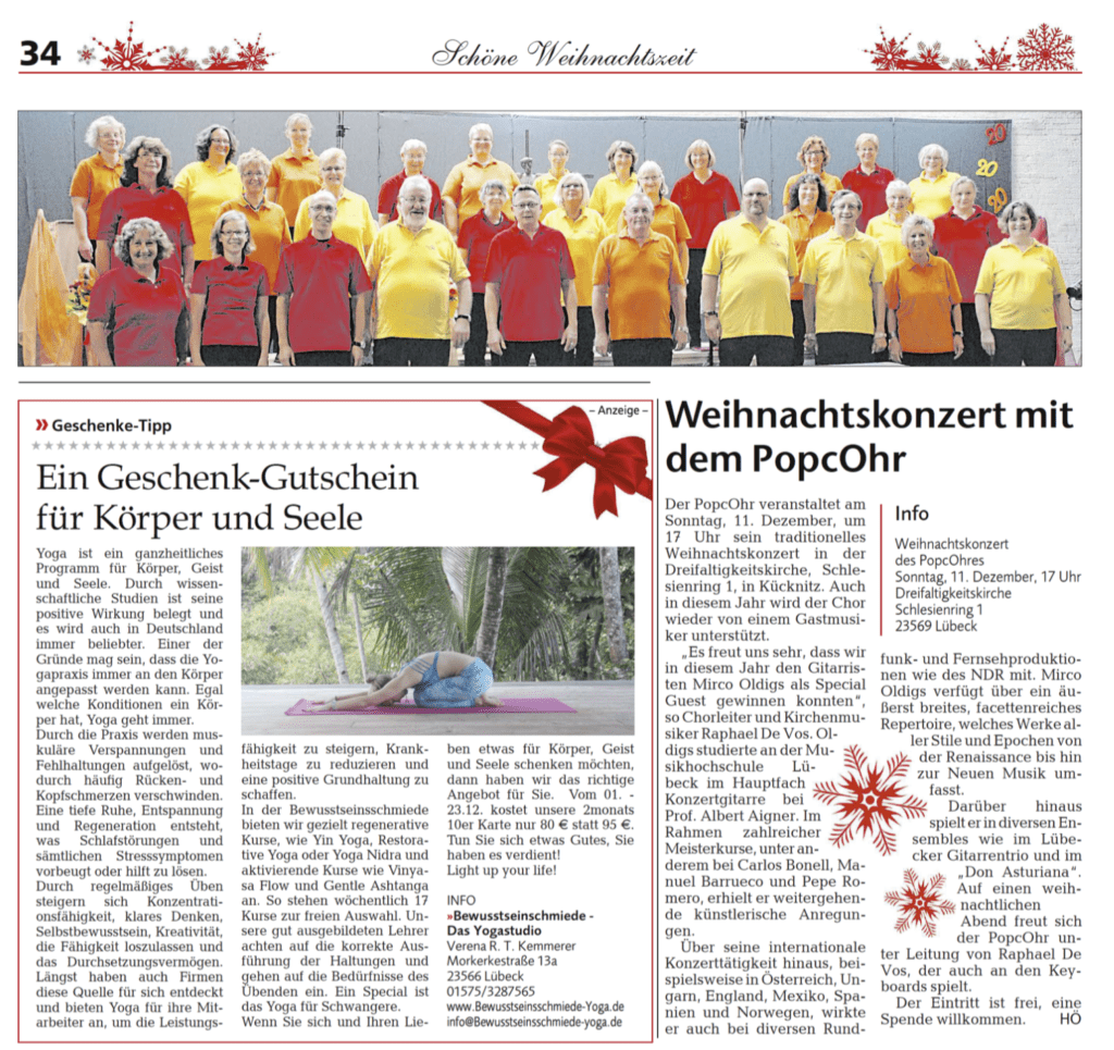 Ankündigung zum Weihnachtskonzert 2016 im Wochenspiegel